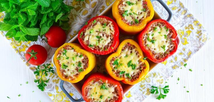 Delicious dietary and juicy stuffed peppers with julienne filling