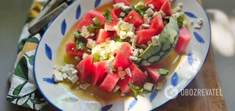 Watermelon and bryndza salad that is very tasty and unusual