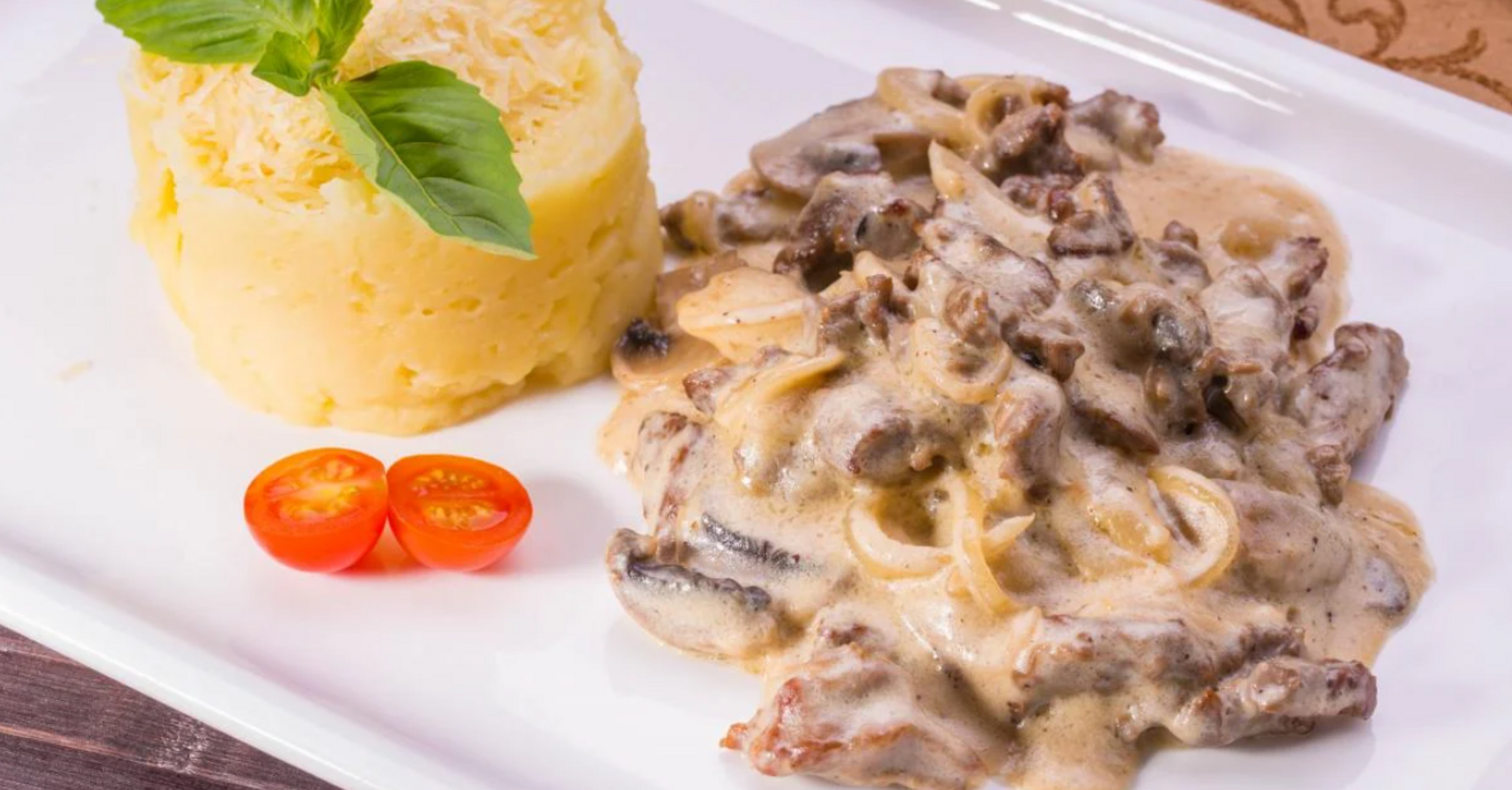 Delicious beef stroganoff for mashed potatoes, porridge and pasta