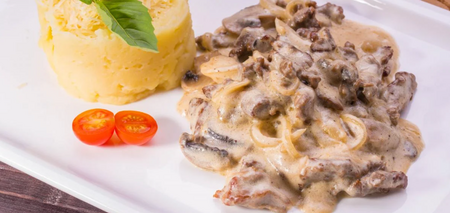 Delicious beef stroganoff for mashed potatoes, porridge and pasta