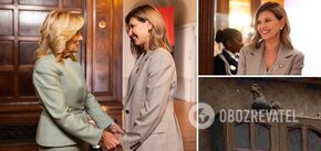 Olena Zelenska met with Jill Biden in a stylish three-piece suit with a rooster brooch on it