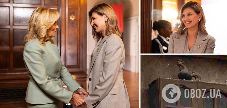 Olena Zelenska met with Jill Biden in a stylish three-piece suit with a rooster brooch on it