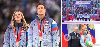 Karma catches up with Russian world champion for participating in a z-rally at Luzhniki in support of Putin