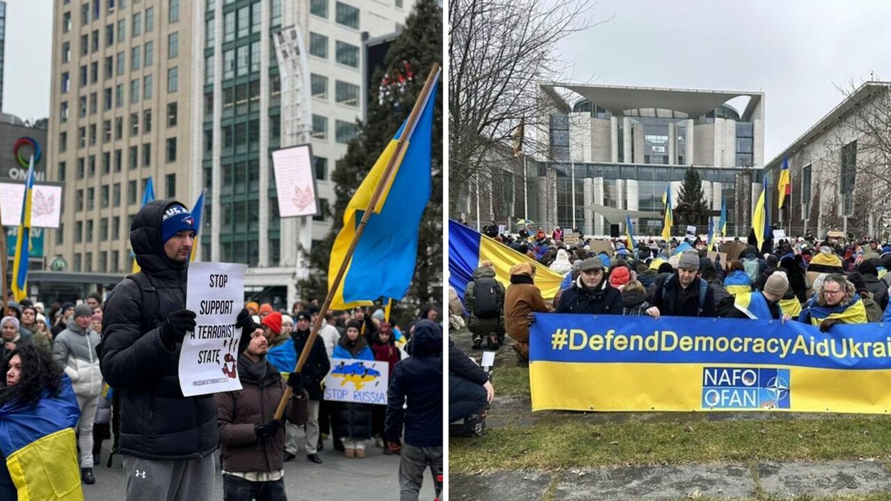 Ukraińcy na całym świecie organizują wiece, domagając się zwiększenia pomocy wojskowej dla Ukrainy. Zdjęcia i wideo