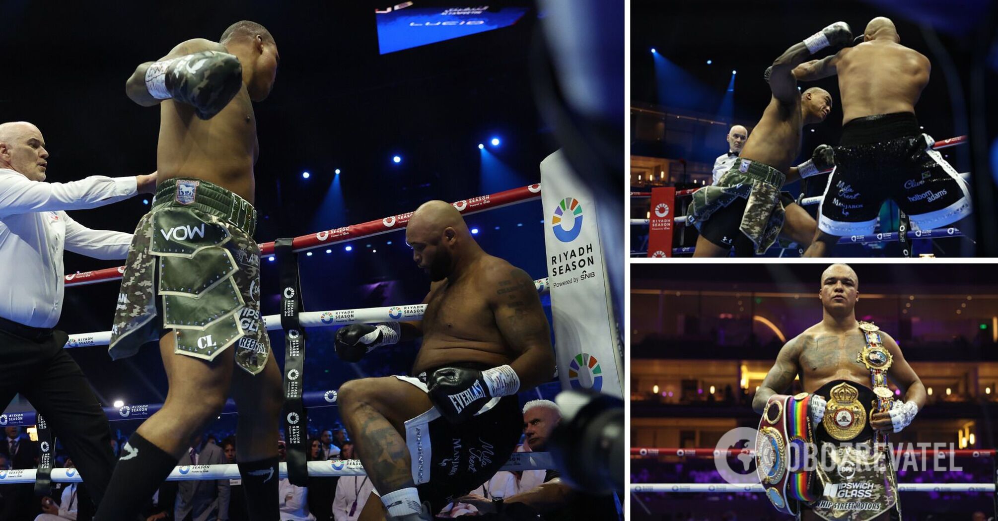 The undefeated heavyweight won the championship fight by knockout in the first round, hanging his opponent on the ropes. Video.