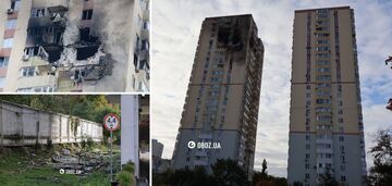 Ogromna dziura zamiast okna i przerażające ślady ognia: konsekwencje ataku rosyjskiego drona na budynek mieszkalny w Kijowie. Zdjęcia i wideo