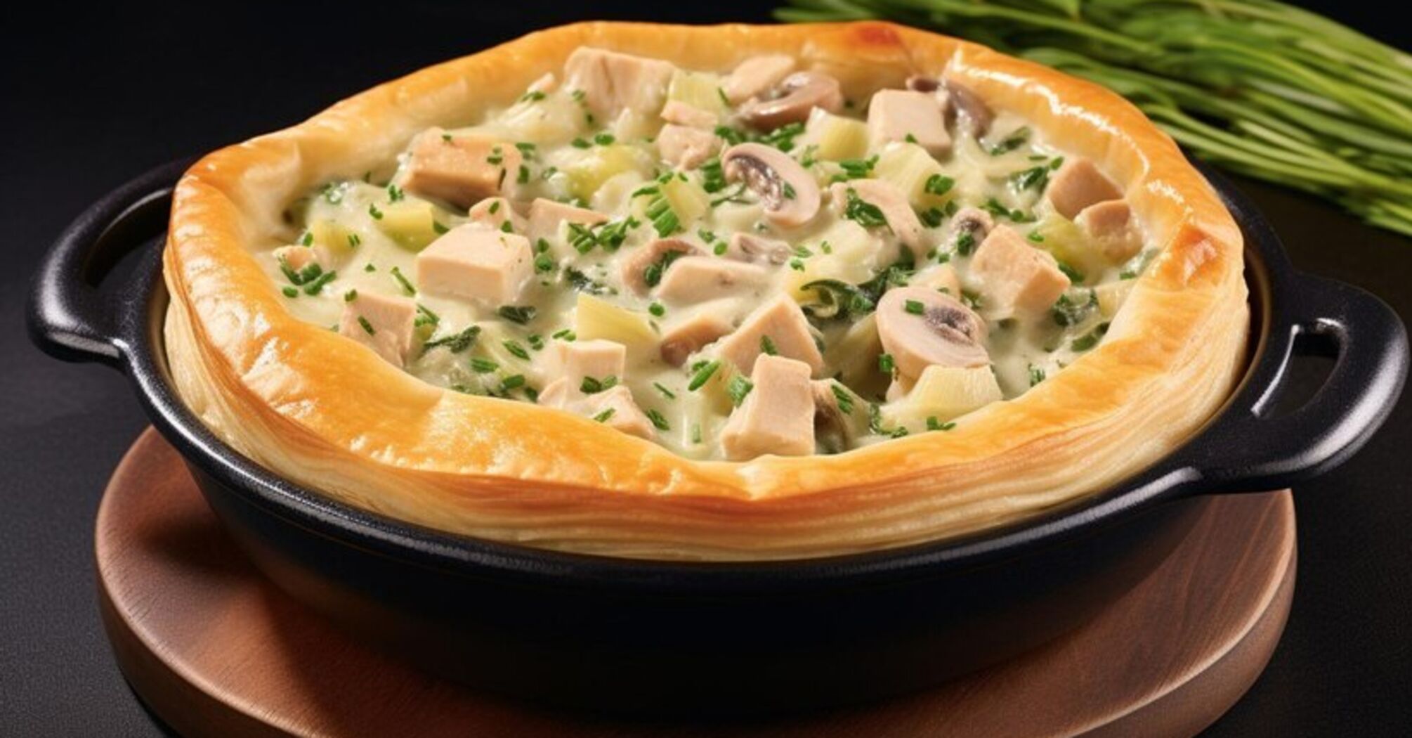 A hearty chicken and mushroom pie for lunch: cooking time – 15 minutes