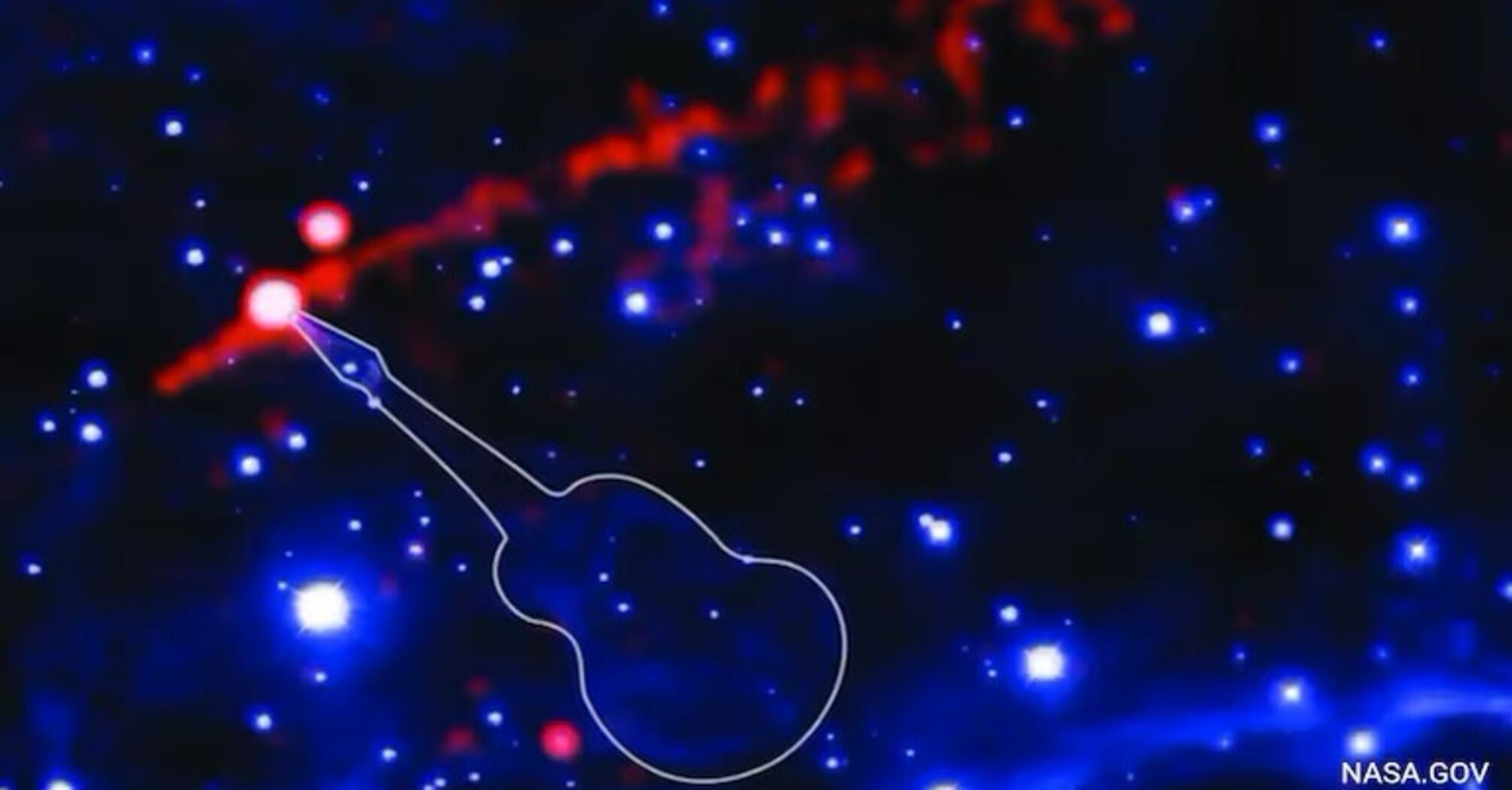 Space telescopes have captured a "flame" bursting from the Guitar Nebula. Photos and video of the unique phenomenon