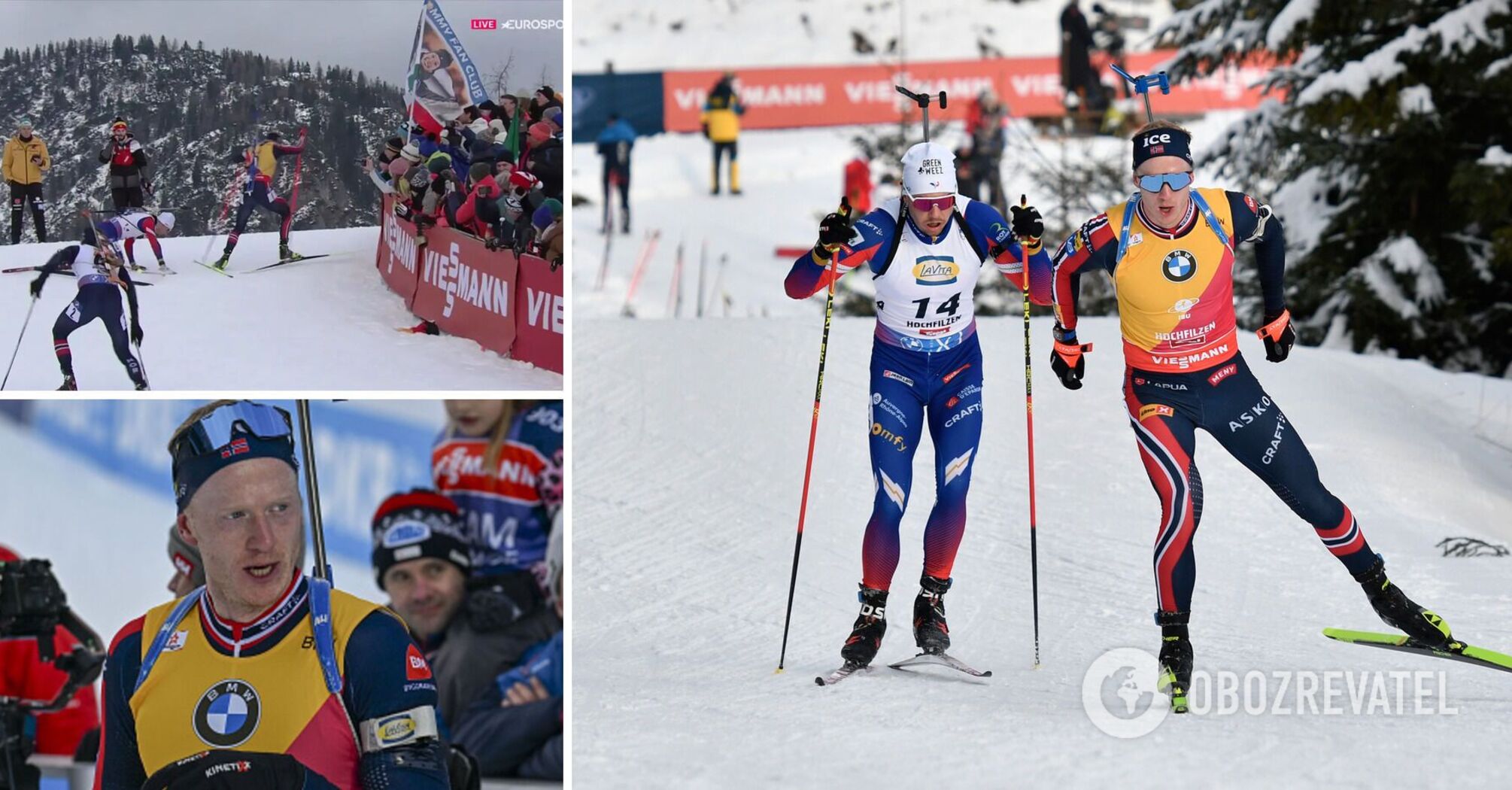 Second best biathlete 'knocks off' rival during World Cup race. Video