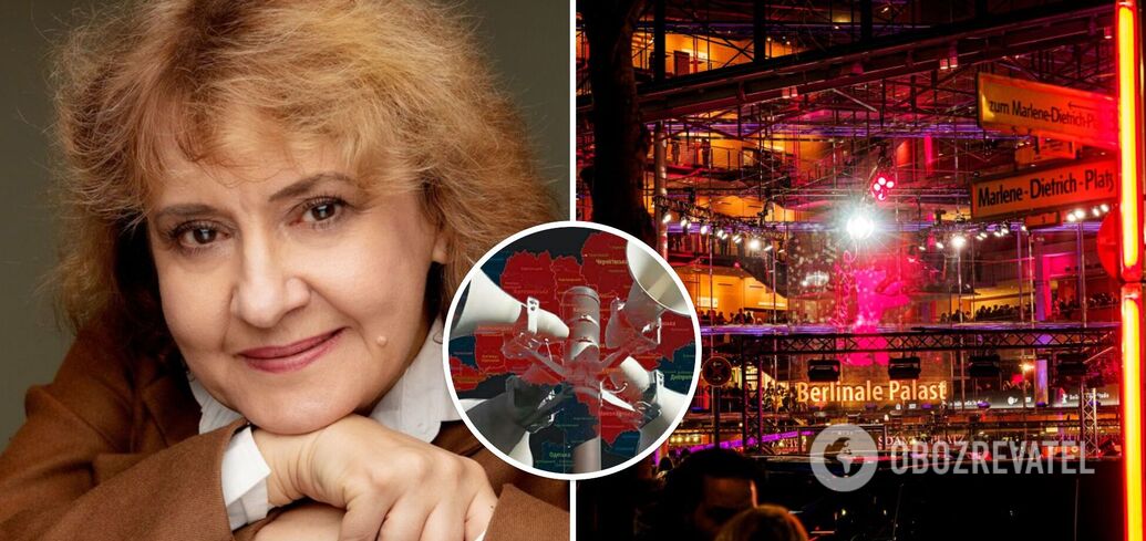 An air raid alert notification goes off on Oksana Zabuzhko's phone right during a press conference at the Berlinale