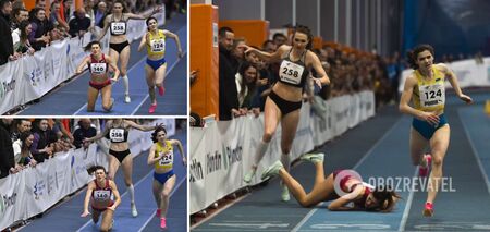 The Ukrainian athletics champion fell face first to the floor one meter before the finish line, depriving herself of victory. Video.