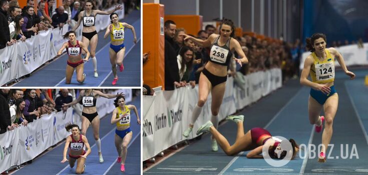 The Ukrainian athletics champion fell face first to the floor one meter before the finish line, depriving herself of victory. Video.
