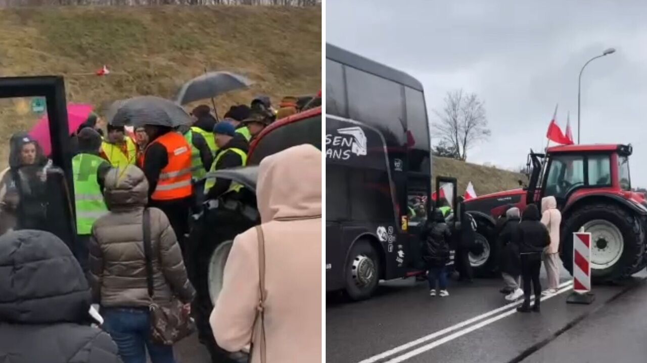 A passenger bus stopped at the border