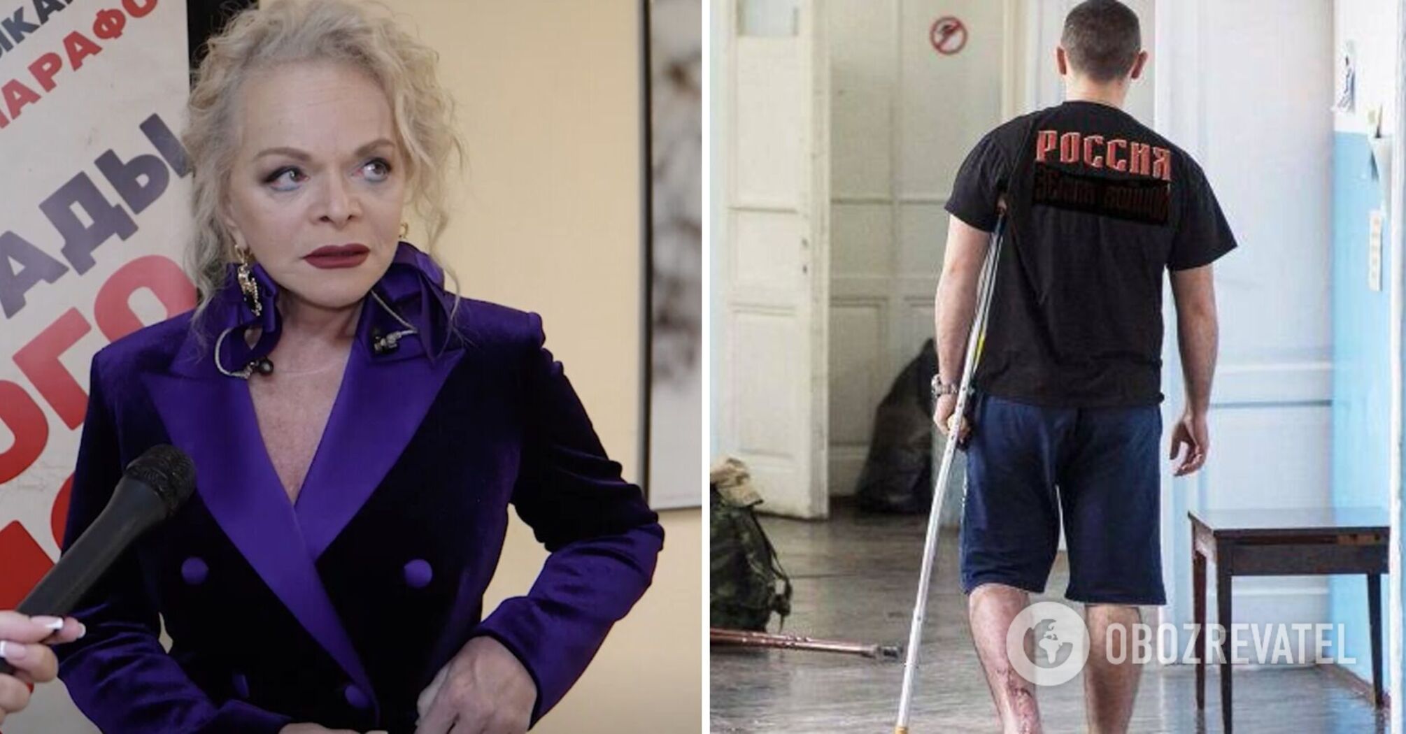 Larisa Dolina, wearing bows in her ears and a purple suit, sang to the occupiers who "lost body parts" in Ukraine