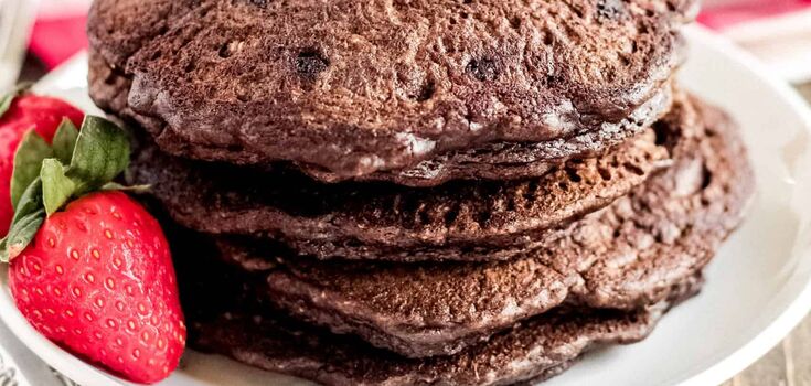 Healthy chocolate oatmeal pancake for breakfast: made without flour and sugar