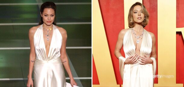 Modowa bitwa. Sydney Sweeney pojawiła się na czerwonym dywanie Oscarów w sukience, którą miała na sobie Angelina Jolie, kiedy uczestniczyła w ceremonii 20 lat temu