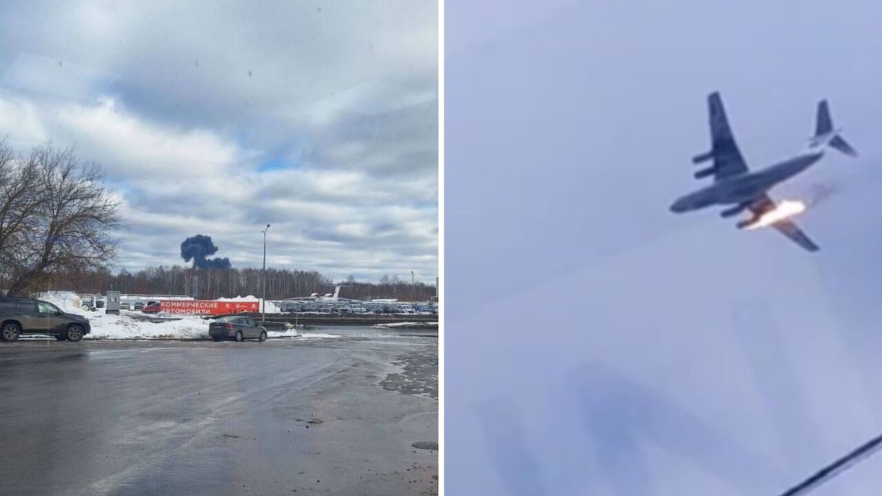 Russian IL-76 catches fire mid-air and crashes into forest belt. Photo