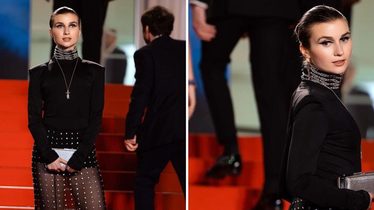 Jerry Heil shows off another look on the Cannes red carpet: the singer appeared in a see-through skirt dotted with rhinestones