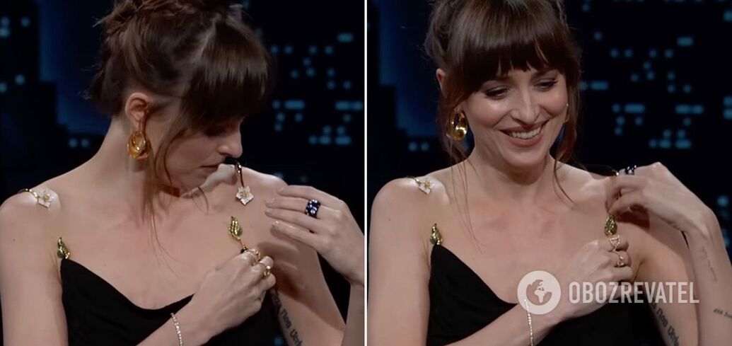 Dakota Johnson's dress almost fell down during an interview, but the Fifty Shades of Grey star quickly saved the situation. Video