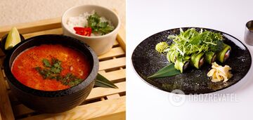 Asian lunch from the chef: healthy soup and rolls without rice