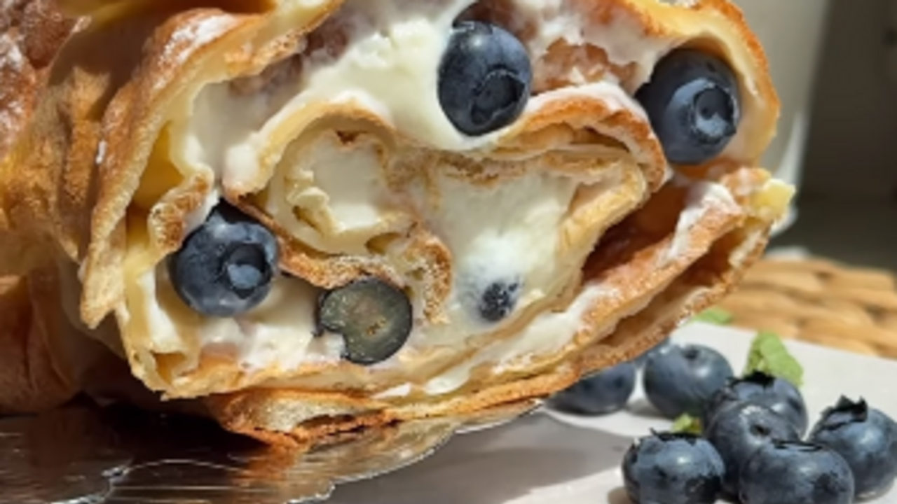 Pancake roll with blueberries and cheese cream: you can use any berries
