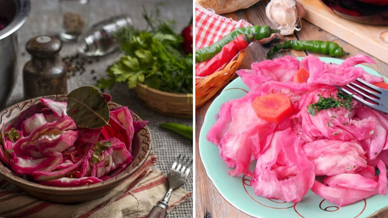 Crispy pickled cabbage with beets that is ready already the next day