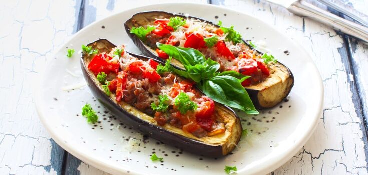 Tastier than meat: eggplant with fried cheese and tomatoes