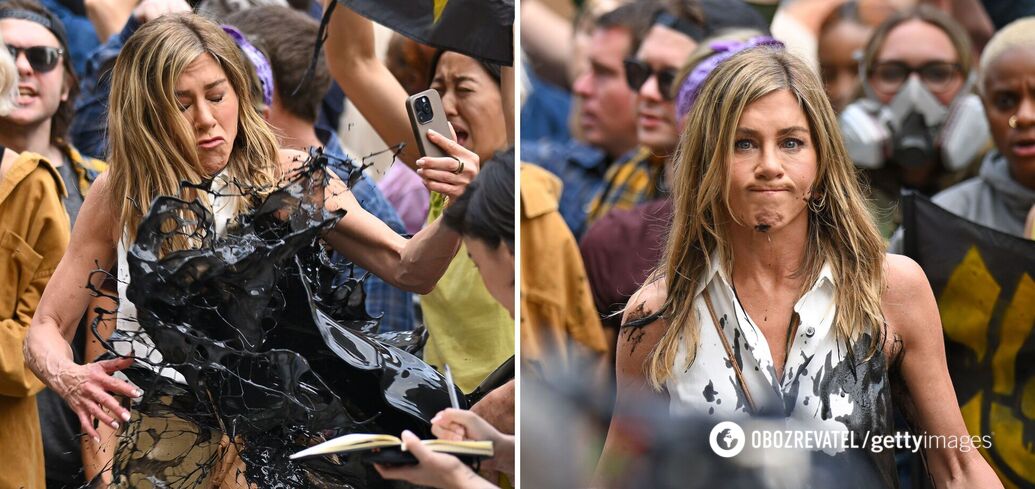 Jennifer Aniston gets splashed with oil during filming: the Friends star looks furious. Photo