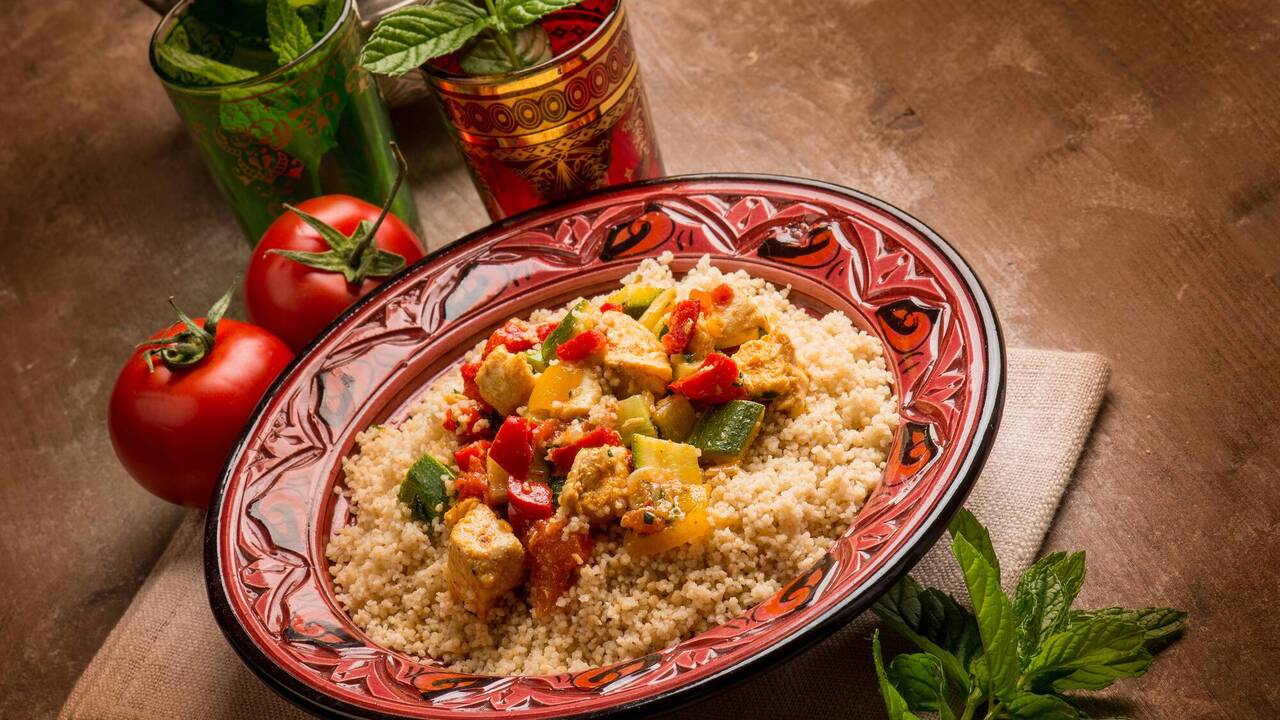 Couscous with chicken and vegetables is cooked very quickly