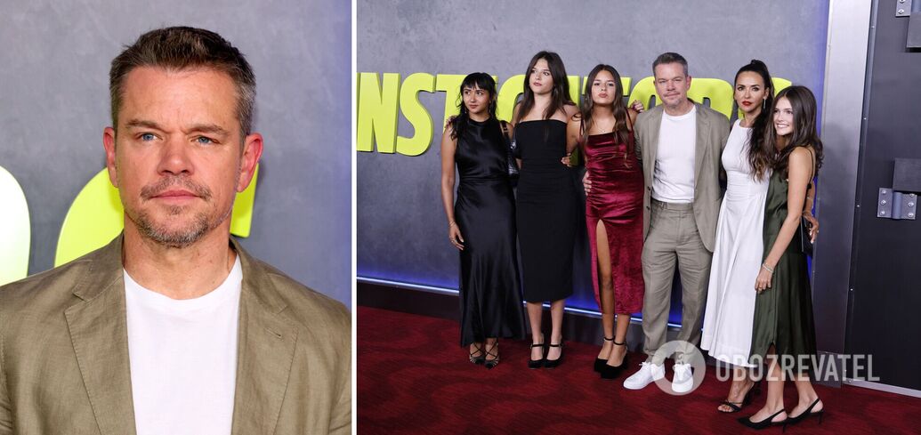 Matt Damon attends the premiere of his movie The Instigators with his mother, wife and 4 daughters. Photo.