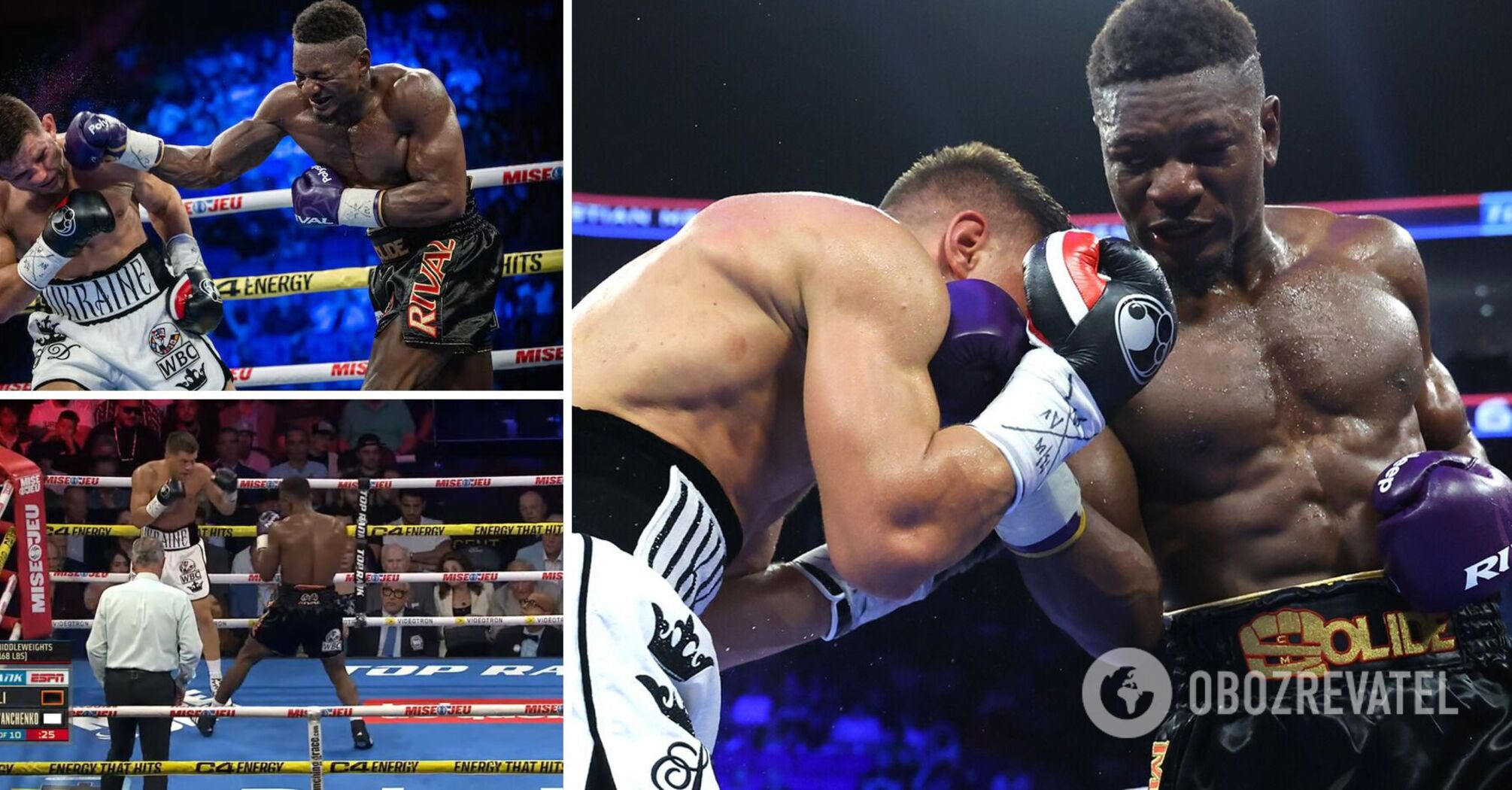 Undefeated super middleweight wins championship fight against Ukrainian, who injured his left arm in the 4th round. Video