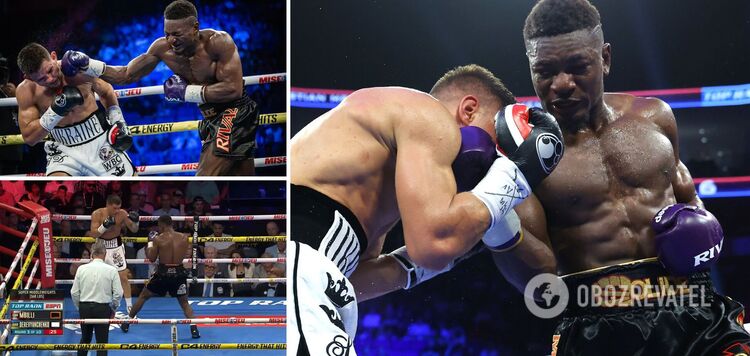 Undefeated super middleweight wins championship fight against Ukrainian, who injured his left arm in the 4th round. Video