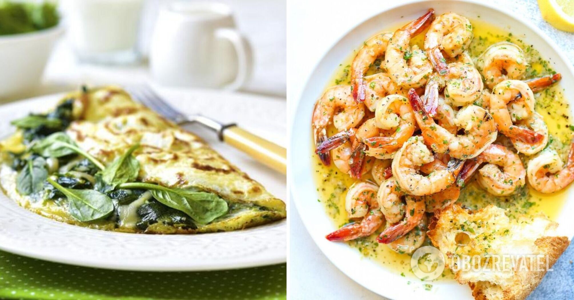 Delicious omelet with spinach and shrimp