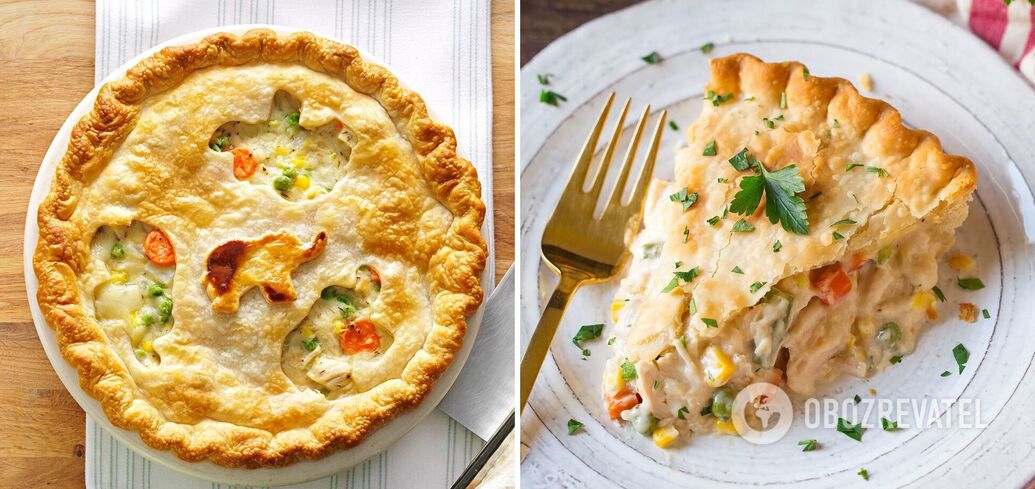 Chicken pot pie with meat and peas