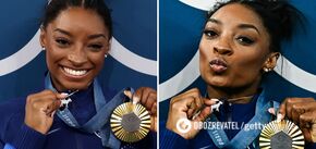 A goat made of white gold and 546 diamonds. The most titled gymnast in the world, Simone Biles, showed her mascot