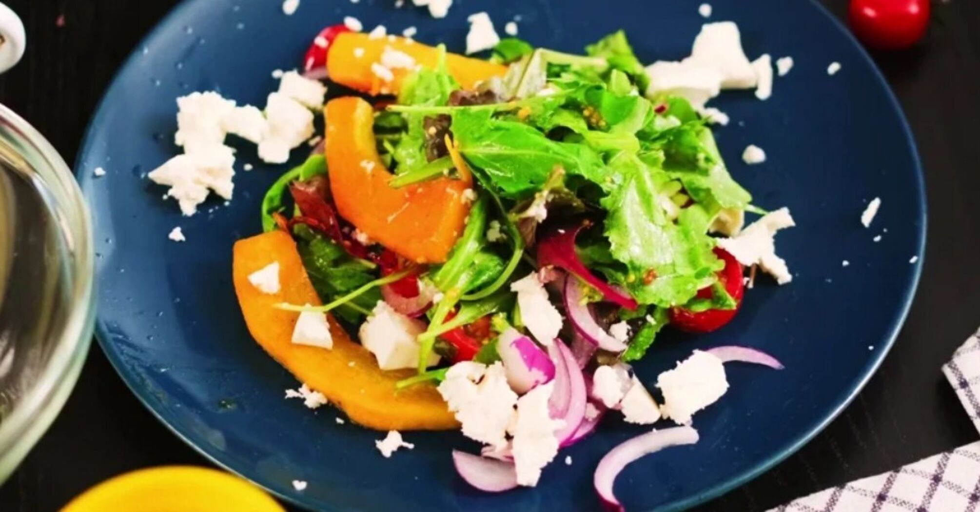 Light seasonal salad with pumpkin and cheese: an original recipe from the chef