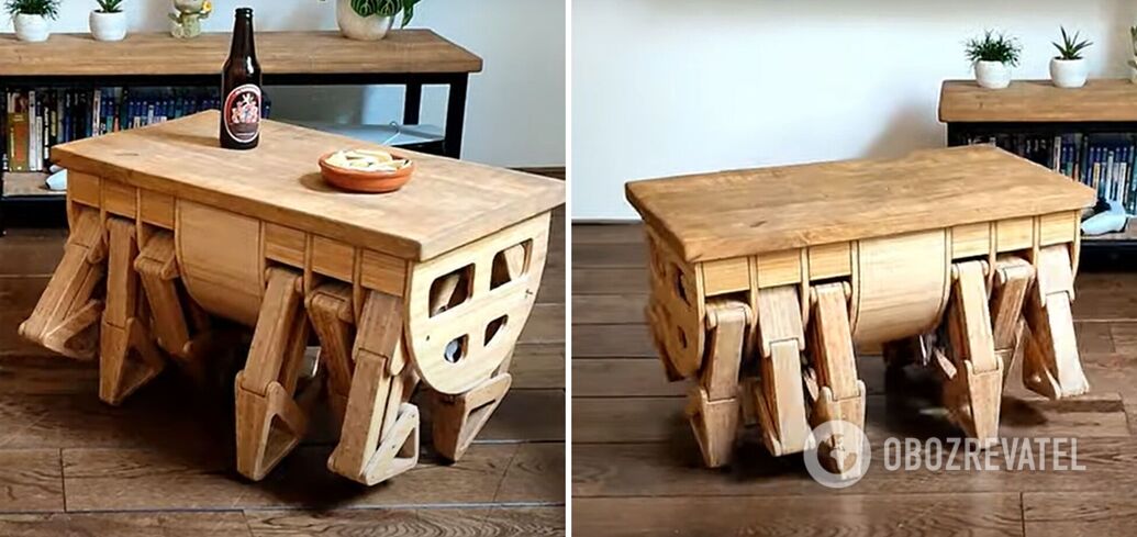 A carpenter from the Netherlands made a funny table with 12 legs that can move around the room to serve you food or drinks. Photos and video