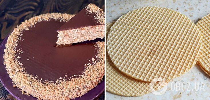 No-bake cake: wafer cake with caramel cream and peanuts