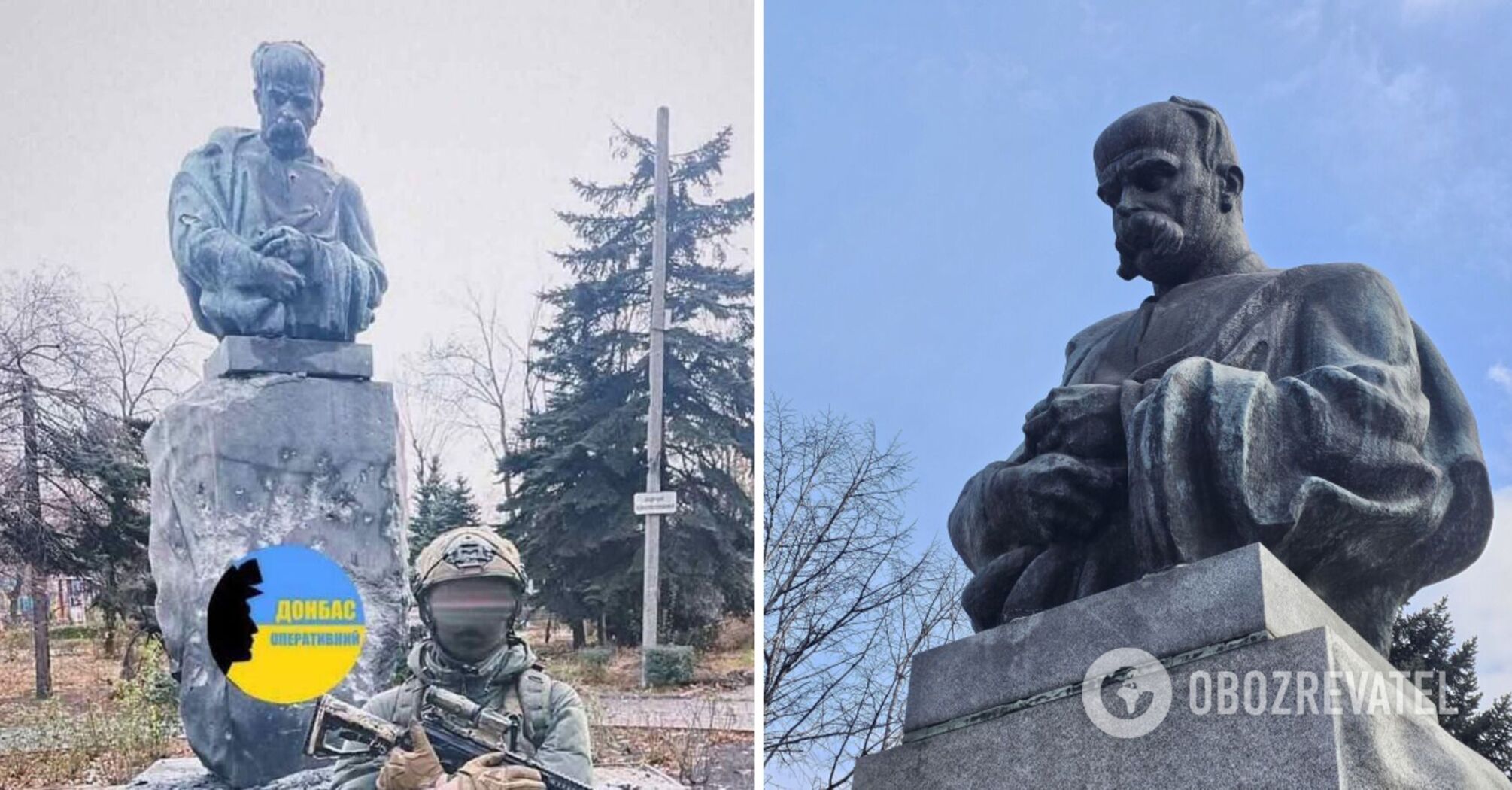 Russian shelling damages Shevchenko monument in Donbas presented by the Kalush community more than two decades ago. Photo