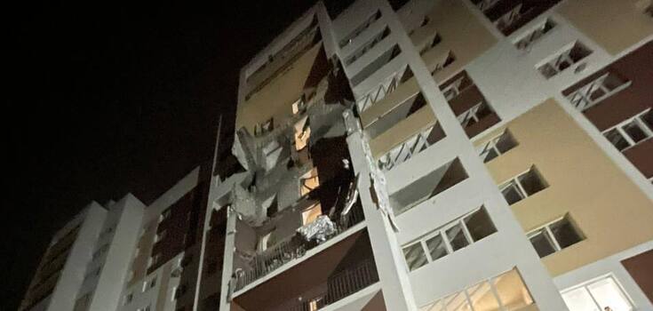 Balconies destroyed and windows smashed in a 9-story residential building in Kyiv region after UAV attack. Photo