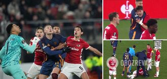 Ukrainian Artem Dovbyk receives yellow card after breaking AZ defender's nose during Europa League match. Video