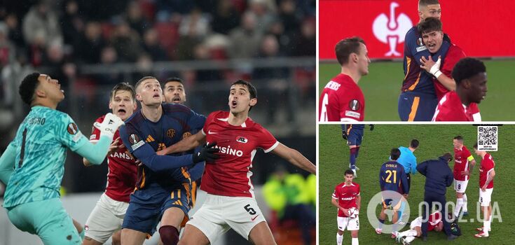 Ukrainian Artem Dovbyk receives yellow card after breaking AZ defender's nose during Europa League match. Video
