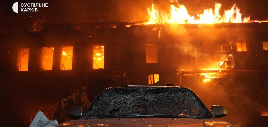 A large-scale fire breaks out in a woodworking shop in Kharkiv after Russian drone attack. Photo and video