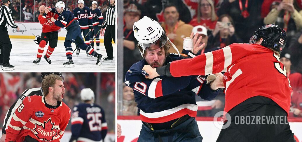 Three fights occured in the first 9 seconds of Canada-US hockey match at 2025 4 Nations Face-Off. Video