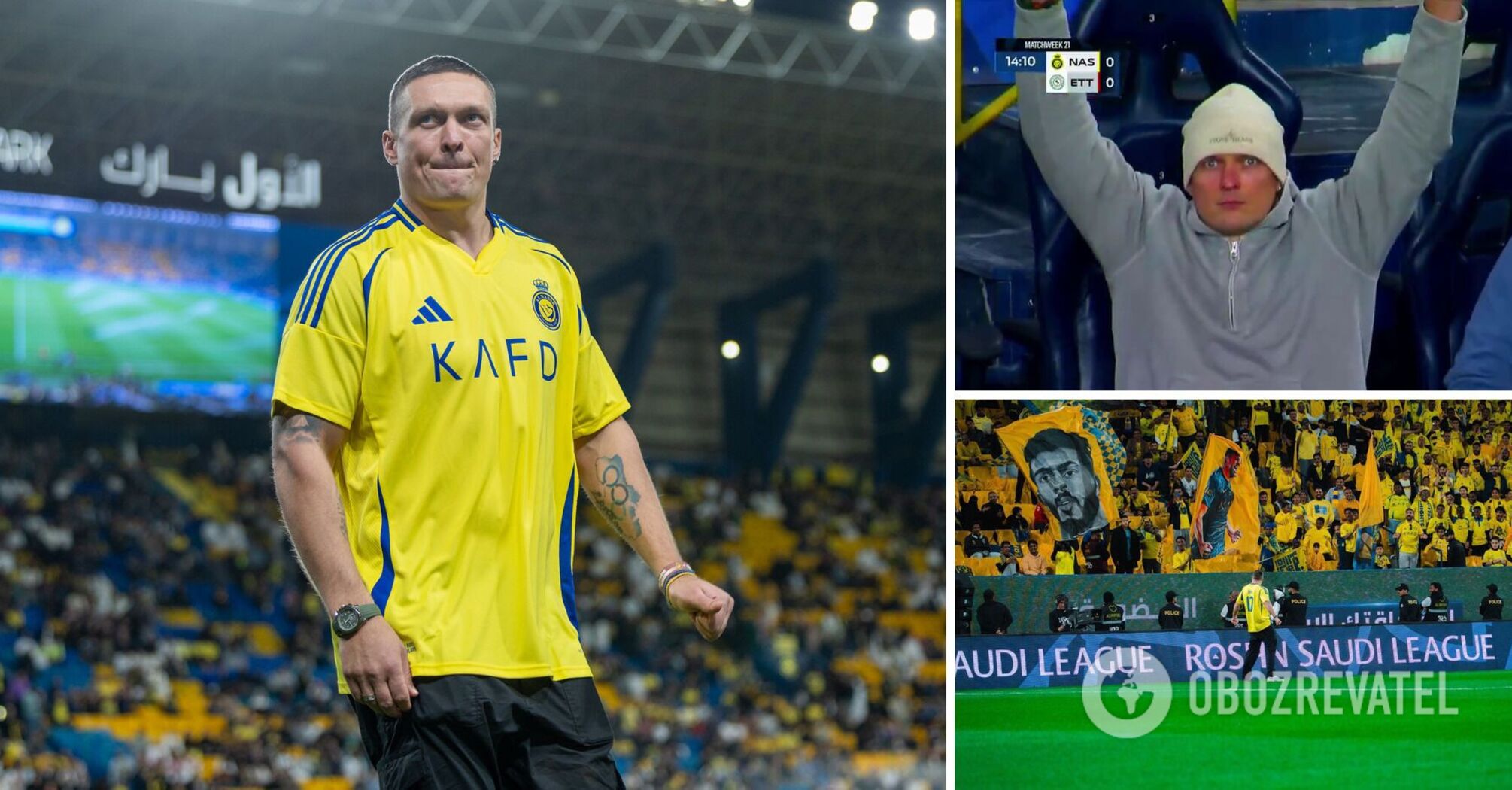 Usyk wbiegł na stadion przed meczem piłki nożnej w Arabii Saudyjskiej i zaimponował trybunom swoim występem. Fot. fakt